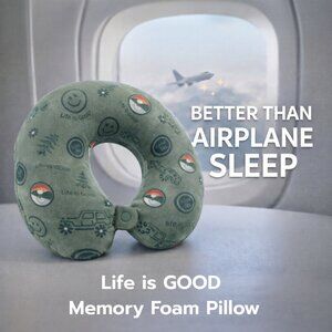 Life Is Good Memory Foam Travel Neck Pillow Green Smiley Snap Washable Cover